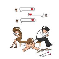 Couple and Cupid texing on mobile phone