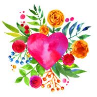 Vintage background with flowers in love and watercolor heart N4