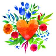 Vintage background with flowers in love and watercolor heart N6