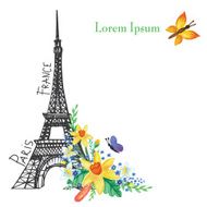 Paris spring card Eiffel tower Watercolor flowers N2