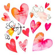 Set of hearts and cupids Valentine Day Watercolor heart Vector N2