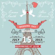 Wedding invitation Eiffel tower pigeons swirling borders