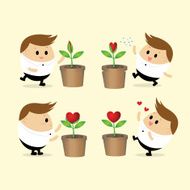 Vector of Happy Businessman planting a flower with hearth symbol