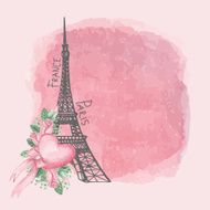 Paris vintage card Eiffel tower Watercolor pink rose spot N2