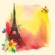 Eiffel tower Watercolor stain Narcissus bouquet Paris card N2