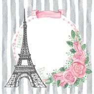 Paris vintage card Eiffel tower Watercolor rose grey strips N2