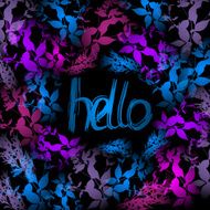 Hello Neon light blue pink leaves on black background Vector