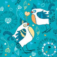Seamless pattern with cartoon birds on a turquoise background N2
