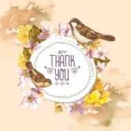 Floral Retro Card with Bird Sparrows N2