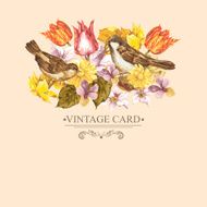 Spring Floral Retro Card with Bird Sparrows