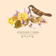 Floral Retro Card with Bird Sparrows N3