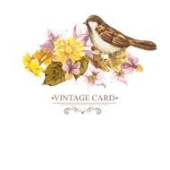 Floral Retro Card with Bird Sparrows N4