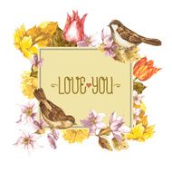 Spring Floral Retro Card with Bird Sparrows N2