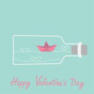 Origami paper boat heart wave inside wine bottle Valentines day