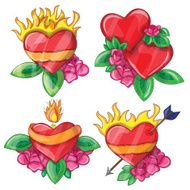 Cartoon hearts with fire for design