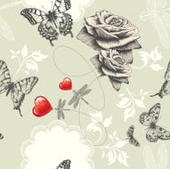 Seamless wallpaper with roses butterflies and red hearts Hand drawing