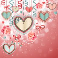 Valentine`s Day vintage card with paper hearts