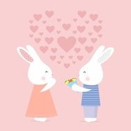 Cute bunny gives flowers love card