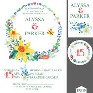 Spring wedding invitation with floral wreath Narcissus flowers