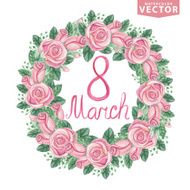 Watercolor pink roses wreath Greeting card March 8