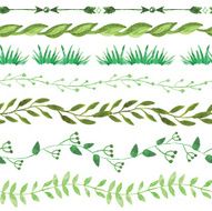 Watercolor seamless borders set Vintage floral green branches N2