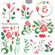 Watercolor red flowers branshes floral elements N2