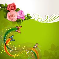 Green background with roses and butterflies