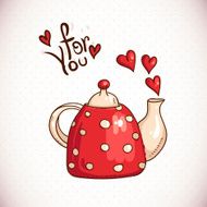 Doodle Greeting Card with red teapot and hearts N2