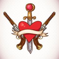 Greeting Card with a sword heart gun and ribbon