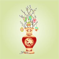 Vase with branch pussy willow and easter eggs vector