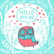 Cute cartoon card with owl and flowers N2