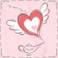 pink valentine card with heart and magic lamp