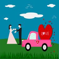 Couple love and red heart on pink car