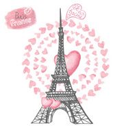 Love in Paris Eiffel tower Watercolor hearts wreath Hand drawn N2