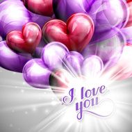 I love you label on balloon hearts background with flash