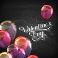 Valentine&#039;s Day retro label on blackboard background with flying balloons
