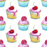 Watercolor cupcakes with cherry Pattern Background
