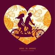 Vector golden art flowers couple on tandem bicycle heart silhouette