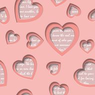 Seamless background with cut out hearts and text about love