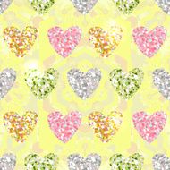 Seamless pattern with shiny hearts and geometric motifs
