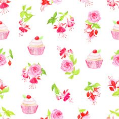 Blooming fuchsia cupcakes and roses seamless vector print