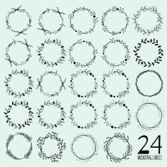 Romantic hand drawn collection of laurels wreaths and floral elements N14