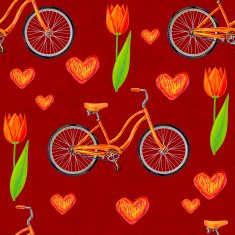 Seamless pattern with spring-flowering plant tulips love hearts and bicycle N2