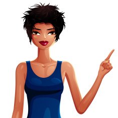 Bright drawing of a gorgeous brunette sexy mulatto lady pointing N2