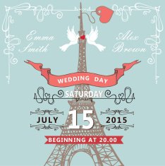 Wedding invitation Eiffel tower pigeons swirling borders