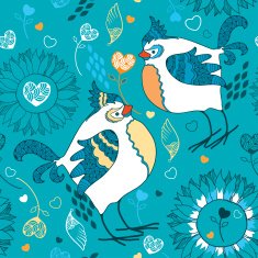 Seamless pattern with cartoon birds on a turquoise background N2