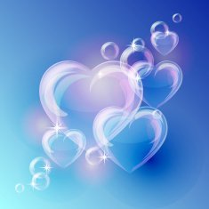Romantic background with bubble hearts shapes on blue