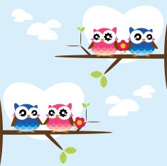 Couples of owls sitting on branches