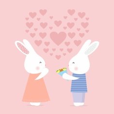Cute bunny gives flowers love card