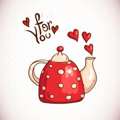 Doodle Greeting Card with red teapot and hearts N2